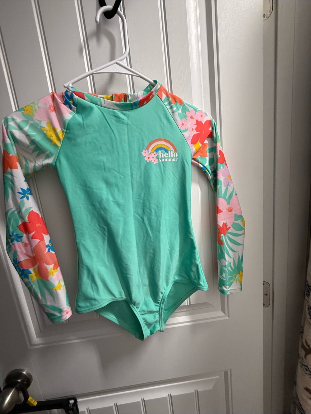 Girls' Aqua 'Hello Summer' Long-Sleeve One-Piece Rash Guard Swim Suit